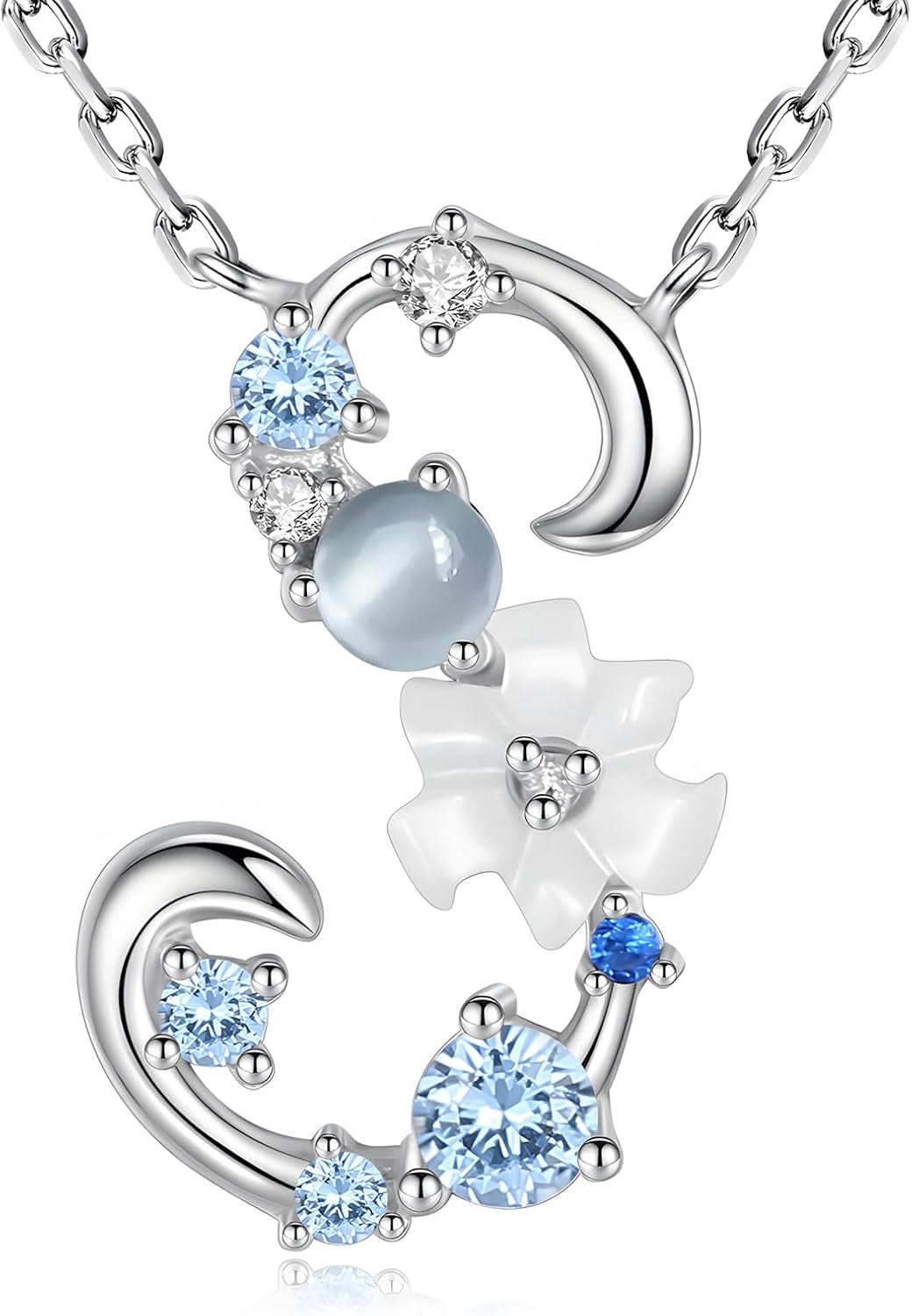 Initial Necklace for Women 925 Sterling Silver Initial a to Z Letter Pendant Necklace with Blue Flower Cubic Zirconia Birthday Engagement Gift for Women,Mom, Couple